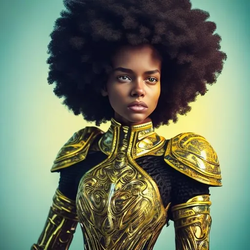 Prompt: Beautiful black woman with curly afro standing tall and slim with yellow leather armor long neck and shaped like a lightbulb. She wears blue boots. Eyes shaped like marbles and skin tone is black and white 