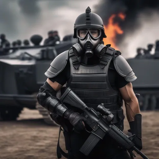 Prompt: A modern roman military male in black military roman armor, and gas mask, background military base, camp fire, Hyperrealistic, sharp focus, Professional, UHD, HDR, 8K, Render, electronic, dramatic, vivid, pressure, stress, nervous vibe, loud, tension, traumatic, dark, cataclysmic, violent, fighting, Epic