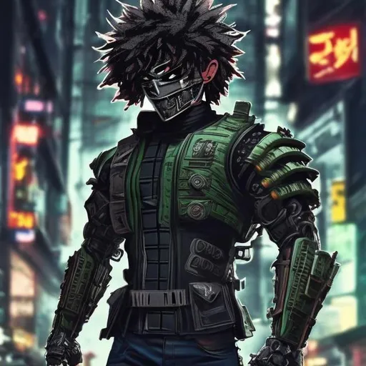 Prompt: Muscular vigilante Deku. Futuristic Shogun styled armour and mask. cyber enhancements. Scars, tattoos and piercings. Dark and edgy with neon accents. Cyberpunk style. Raw. Gritty. Dirty.