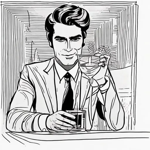 Prompt: A hand drawn picture of a posh man holding a drink, simple lines
