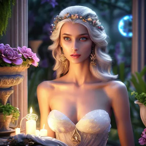 Prompt: HD 4k 3D 8k professional modeling photo hyper realistic beautiful petite frail woman ethereal greek goddess of helplessness
blonde hair in spirals brown eyes gorgeous face dark skin shimmering dress with jewelry laurel headpiece full body surrounded by magical glowing  light hd landscape background reclined in garden on chaise surrounded by vases and plants