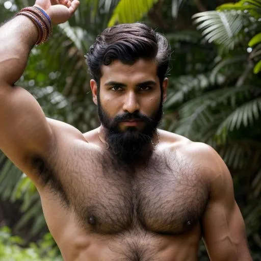 Prompt: Photo of hyperreal haryana warrior with black hair and with very handsome young face, very hairy chest and armpits, outdoors, perfect composition, hyperrealistic, super detailed, 8k, high quality, trending on artstation, sharp focus, studio photo, intricate details, highly detailed, by greg rutkowski 
