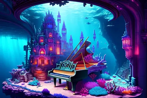 Prompt: Nostalgic Underwater City, A Piano with Tulip Keys, dynamic lighting, volumetric lighting, cool colors, deep color, filmic, hyperrealism, 4K, 64 megapixels, 8K resolution, 3D shading, beautiful, colorful, complex, fantasy, fantasycore, hyperdetailed, seascape, fantastical, firey, intricate, Surreal