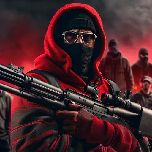 Prompt: A man from The Walking Dead, with black glasses, wearing a red sweatshirt with black stripes and a black balaclava, with a sniper rifle, background zombie apocalypse, Hyperrealistic, sharp focus, Professional, UHD, HDR, 8K, Render, electronic, dramatic, vivid, pressure, stress, nervous vibe, loud, tension, traumatic, dark, cataclysmic, violent, fighting, Epic