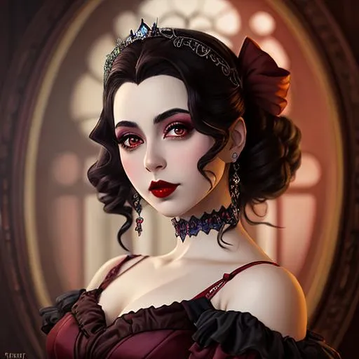 Prompt: Ethereal fantasy image detailed painting by Tim burton and artgerm portrait of a beautiful 1920's high class young aristocrat female with dark brown eyes perfect cherry red lips wearing a very beautiful formal gown,  artgerm, award-winning cgi, blender 