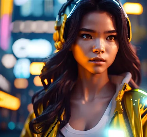 Prompt: cyborg, robot girl wearing yellow rain jacket and denim shorts in a cyber punk city, hyper realistic details, cinematic lighting, 3d, 8k