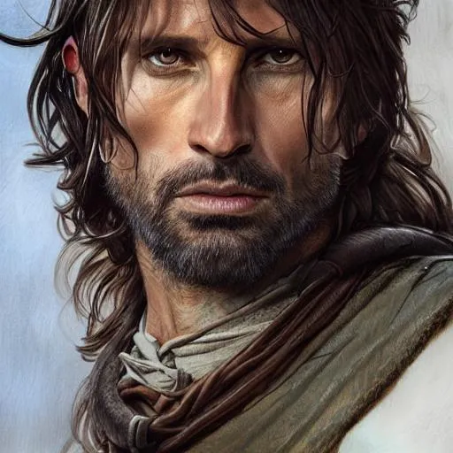 Prompt: portrait of a young, male, ruggedly handsome, long-haired ranger, half body, leather, fantasy, intricate, elegant, highly detailed, digital painting, Aragorn, artstation, concept art, smooth, sharp focus, illustration, art by artgerm and greg rutkowski and alphonse mucha
