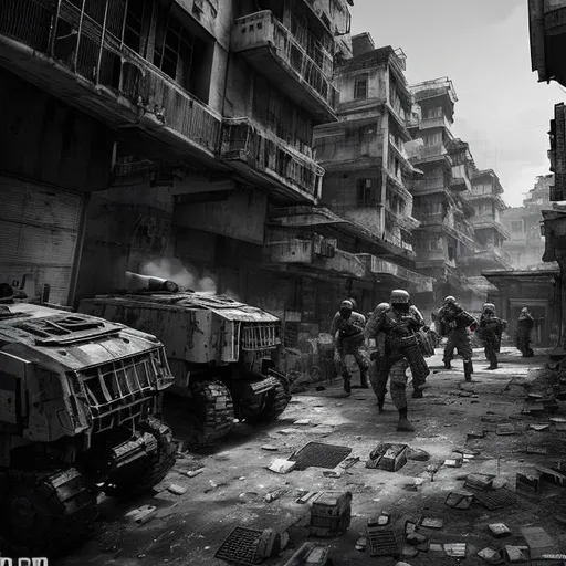 Prompt: monochrome, urban warfare, modern, kowloon walled city, battle, combat, military, soldier, scifi, convoy, streets, shooting