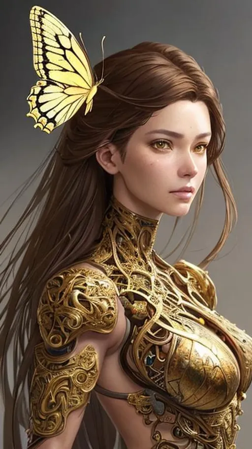 Prompt: 8k portrait of beautiful cyborg with brown hair, intricate, elegant, highly detailed, majestic, digital photography, art by artgerm and ruan jia and greg rutkowski surreal painting gold butterfly filigree, broken glass, (masterpiece, sidelighting, finely detailed beautiful eyes: 1.2), hdr, <lora:more_details:0.36>