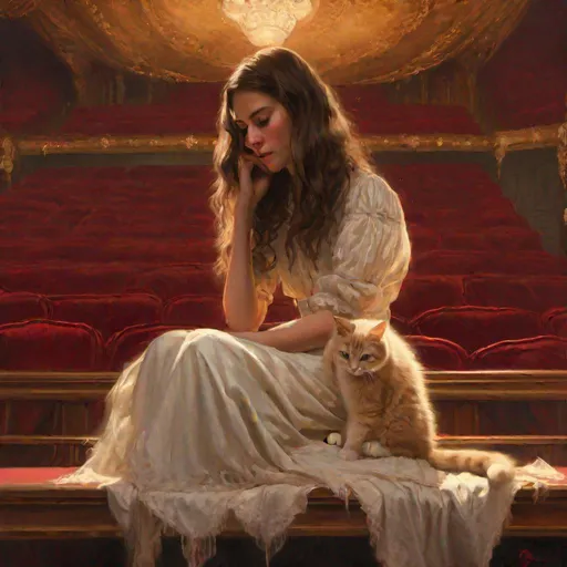 Prompt: a photo of a young human woman with shoulder length brown hair sits facing forward with her legs dangling over the edge of the red and gold lit stage, she is crying and looking at her lap. a ghost cat is sitting at her left. the cat is a ghost. high resolution, 100k, UHD. realistic. vintage painting. victorian