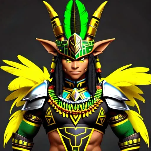 Prompt: A humanoid Goblin wearing ancient Yellow and green and black Zulu/Aztec armor with many colorful feathers