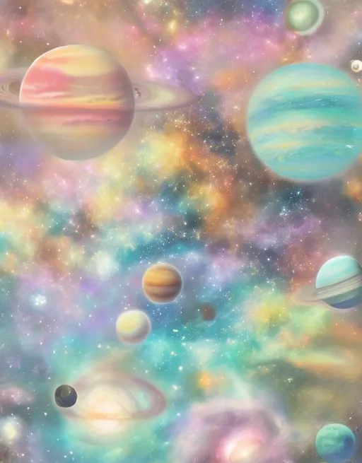 Prompt: planets in pastel galaxy