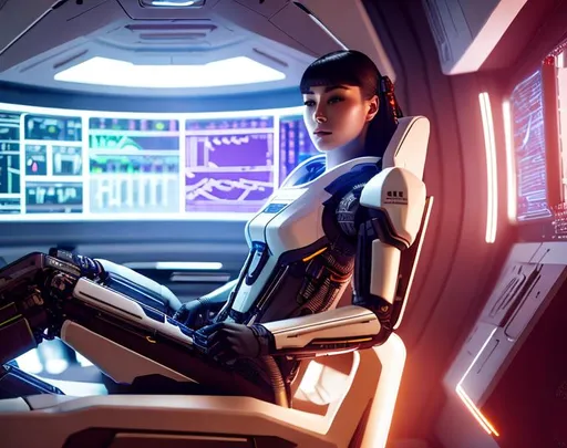 Prompt: a spaceship cyborg pilot, laying down in a chair, with robotic arms and legs, in a cyberpunk setting, cyborg, implants, high details, realistic , professionally colour graded, photorealism, 8k, grim dark lighting, art by sakimichan