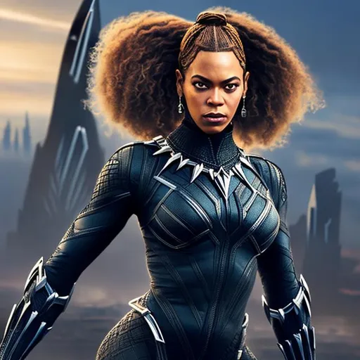 Prompt: Beyonce as black panther in a futuristic city with Rihanna and Denzel Washington 