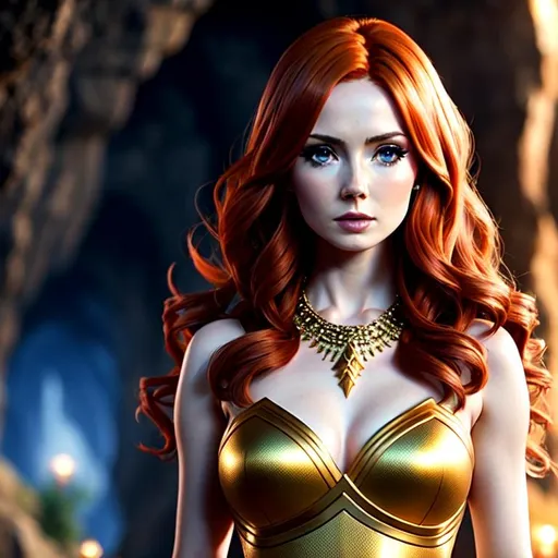 Prompt: Karen Gillan, messy hair, small body,  warrior princess cosplay, full body, jewelry set balayage wild hair, royal vibe, UHD, 8K, Very Detail. cave, masterpiece. portrait, happy face