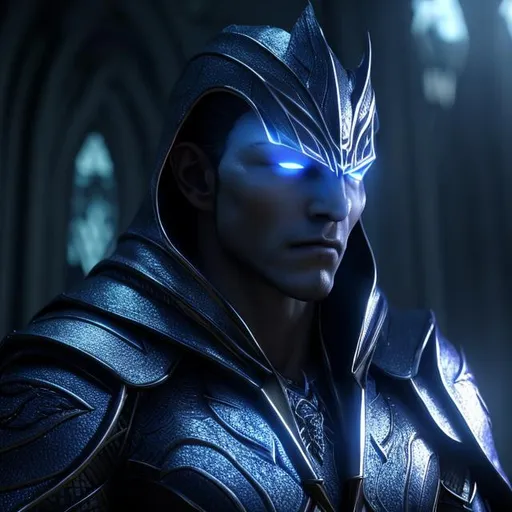 Prompt: Ultra realistic 3D render of vampire Raziel meditating in the spectral realm. Ancient gray vampire flesh contrasts with metallic gray and blue spectral armor. Twin curved horns protrude from his cowled hood and a single braid of gray hair hangs loose. Folded wings reveal torn membrane. Eyes closed in concentration as he seeks inner wisdom. Rendered at insane resolution and detail in Unreal Engine 5 with physically based materials, volumetrics and photogrammetry to capture Raziel's decaying physiology and decades of spiritual seeking while digital sculpting reimagines his iconic armor and wings in photorealistic detail. Trending on ArtStation for the ultimate vision of an enlightened vampire - an outcast in search of truth and redemption.