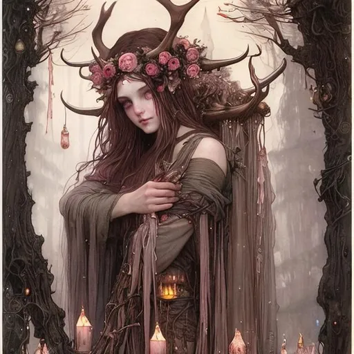 Prompt: Druid witch Girl with pretty detailed face rose gold pinkish hair and antlers perched high in a tree branch with lanterns by John bauer high contrast John William Waterhouse high bloom concept art