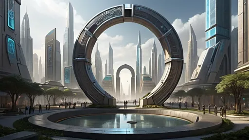 Prompt: human-scale circular portal, portal between different cities realms worlds kingdoms, ring standing on edge, upright ring, freestanding ring, hieroglyphs on ring, complete ring, obelisks, futuristic towers, garden plaza, hotels, office buildings, shopping malls, large wide-open city plaza, looking down, futuristic cyberpunk dystopian setting