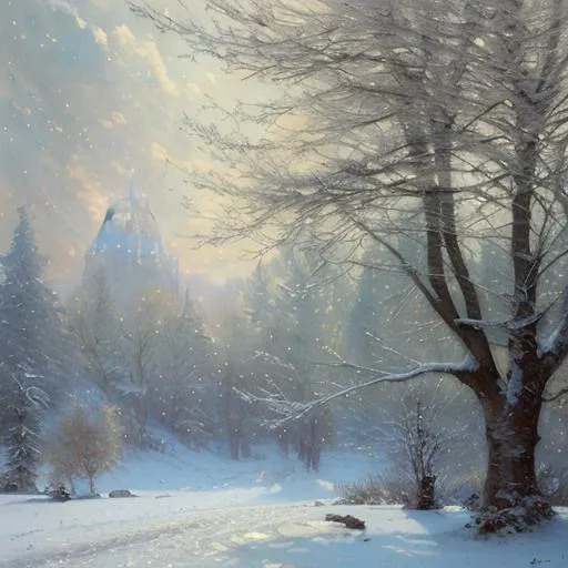 Prompt: snowy landscape, frosted trees, magical outlook, snow falling. photo realistic, Krenz Cushart + loish +gaston bussiere +craig mullins, j. c. leyendecker +Artgerm, oil painting texture oil painting effect Krenz Cushart + loish +gaston bussiere +craig mullins, j. c. leyendecker +Artgerm, oil painting texture. 