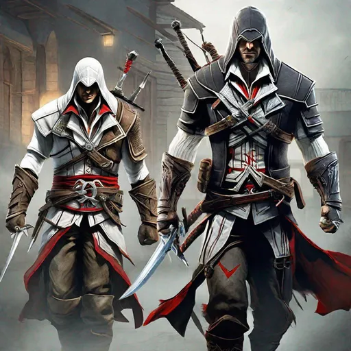 Prompt: Ezio assassin’s creed and Geralt the witcher combined 