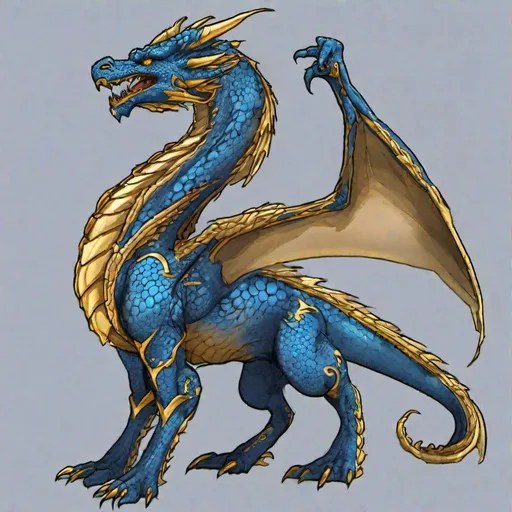 Prompt: Concept designs of a dragon. Full dragon body. Dragon has four legs and a set of wings.  Side view. Coloring in the dragon is predominantly blue with golden streaks or details present.