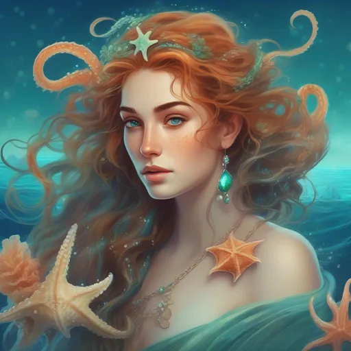 Prompt: A beautiful, enchanting and colorful and caucasian Canadian/Irish/French with light freckles woman (a greek goddess of the sea) with magical tentacles for hair, some gentle scales and jewelry in the style of the sea, starfish and seaweed staring confidently profile picture