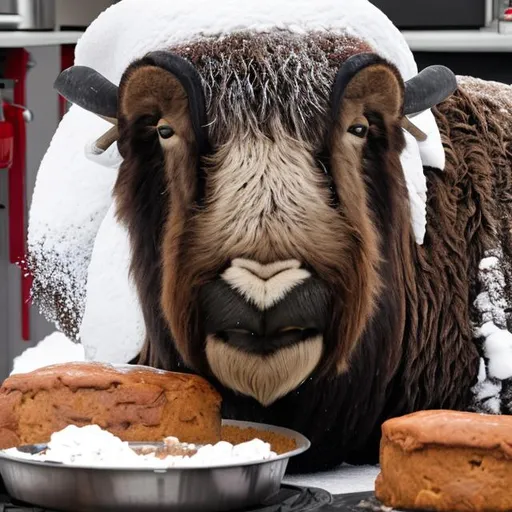 Prompt: Musk ox baking in the kitchen with ms claus