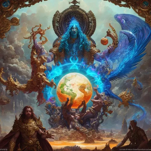 Prompt: Gods of Good and Evil creating the World, (2 persons) vibrant colours, majestic, beautiful, Maximalist oil on canvas painting, in the style of Paul Gustave Dore, 3D trending on Artstation CryEngine,