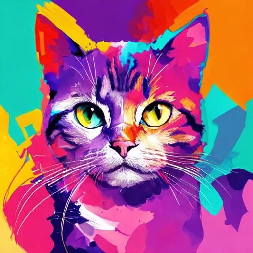 Prompt: Generate an abstract representation of a cat using vibrant colors and geometric shapes.