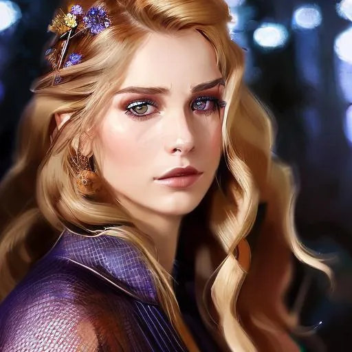 Prompt: a front-on full face detailed oil portrait, of a fair female forest druid with a long blonde curly hair in dark purple robe, dnd character art, masterpiece portrait, by ruan jia, john william waterhouse