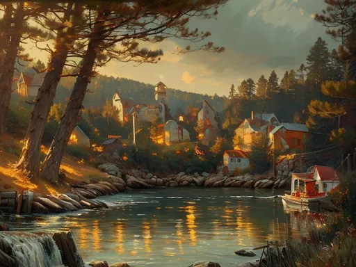 Prompt:  beautiful painting of a small, sleepy New England fishing town by the sea surrounded by pine forest by greg rutkowski, trending on artstation