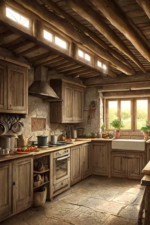 A village kitchen, photorealistic, futoristic, highl