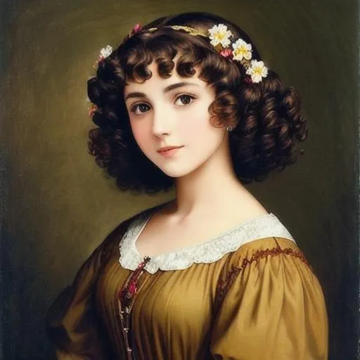 Short brown curly hair, Renaissance era, flowers in...