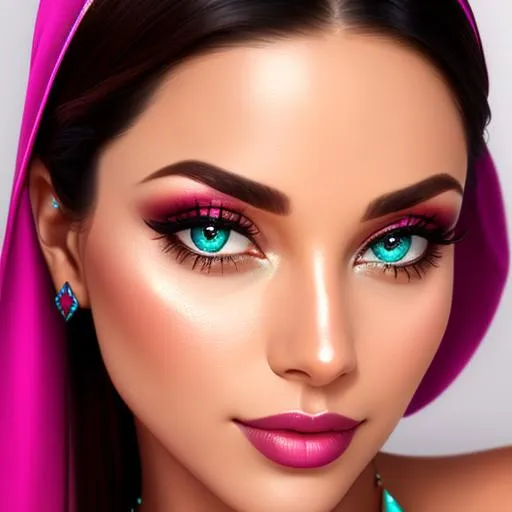 Prompt: Beautiful ethereal woman. wearing ruby and turquoise, facial closeup