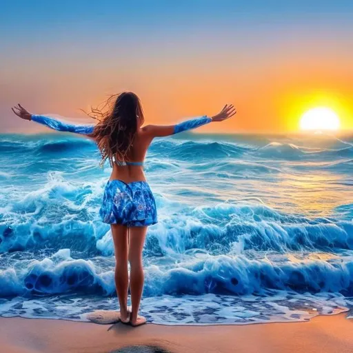 Prompt: blue sea with waves and a beautiful women standing at the seashore waiting for the waves to touch her feet with both hands stretched to feel the sea and there is sunrise from the sea