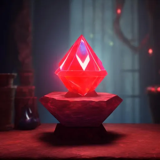 Prompt: Evil red gem emitting an aura sitting on a table in dark ambiance