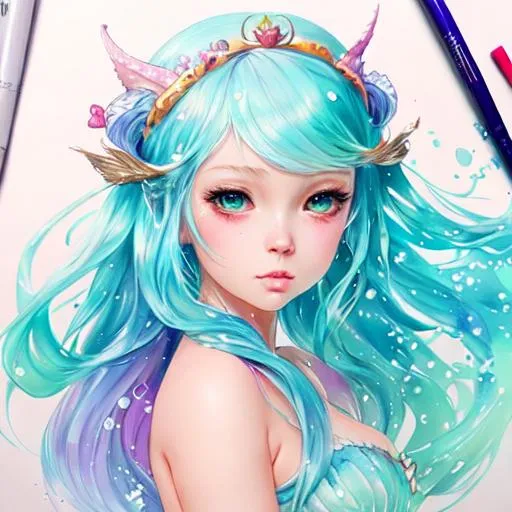 Prompt: kawaii, cute, mermaid, anime Character Design, Unreal Engine, Beautiful, Tumblr Aesthetic,  Hd Photography, Hyperrealism, Beautiful Watercolor Painting, Realistic, Detailed, Painting By Olga Shvartsur, Svetlana Novikova, Fine Art