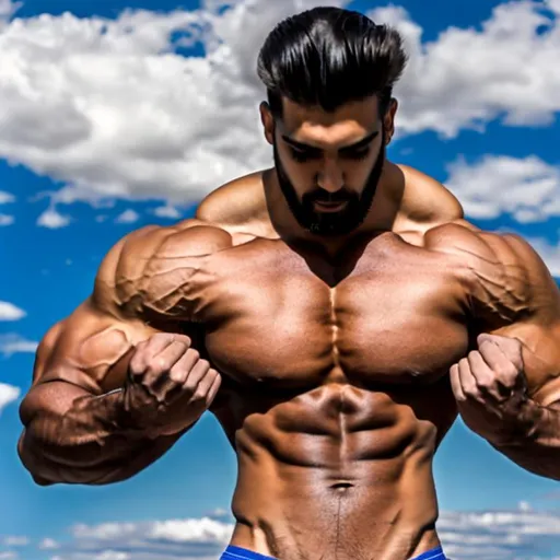 Prompt: Handsome tall giant hyper muscular Spanish bodybuilder packed with muscle sunbathing filling sky shirtless 
