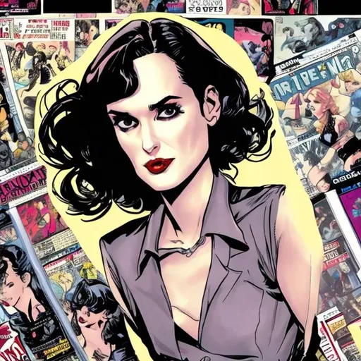 Prompt: Winona Ryder dressed as a femme fatale in the style of a comic book
