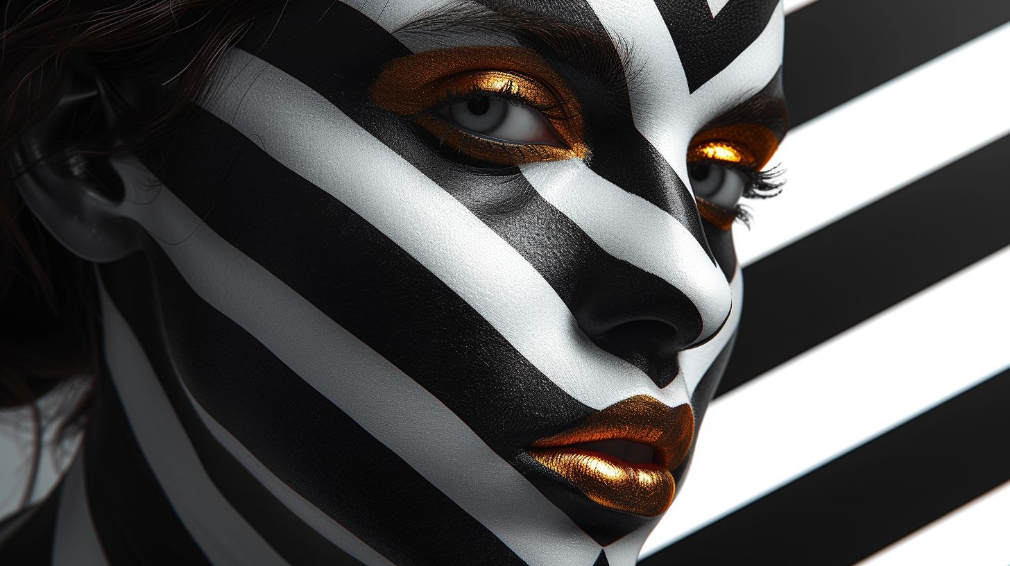 Prompt: Create a hyper-realistic image of a humanoid face that merges seamlessly with an abstract background. The face should feature high-contrast monochrome stripes that align with a dynamic, geometric background, creating a sense of depth and three-dimensionality. Gold accents should highlight the eyes and lips, adding a touch of elegance and luxury. The image should evoke a sense of futuristic sophistication and artistic complexity, while maintaining a strong visual coherence between the subject and the surrounding space. The lighting should be dramatic, accentuating the metallic sheen of the gold and the sharpness of the stripes, with an overall glossy finish that gives the image a polished, avant-garde look.