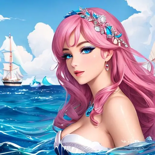 Prompt: A beautiful siren singing a joyful melody accompanied by a group of rowdy and handsome seamen. The siren's eyes are azure blue and attractive. Her nose is attractively sharp and her lips a shade of luscious pink. Her gaze captured the hearts of the handsome seamen enamored.