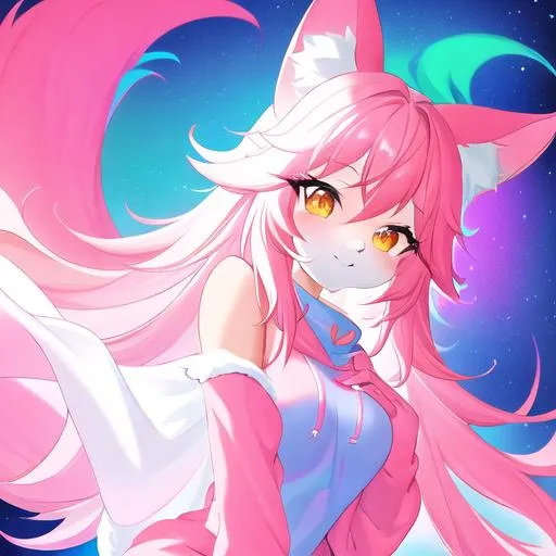 Prompt: A dreamlike state of color clean lines, pastel high contrast of an anthro fursona adult female furry red fox wearing a pink cozy hoodie with constellations adorning the sleeves who's rainbow and in the light, main color red and blue, surface like an oil spill,  high detail, full animal, artstation, splash of color, dynamic lighting full body in frame, full body, huge tail 