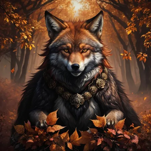 Prompt: Full body, epic oil painting, fantasy art, insanely beautiful portrait of a brawny rugged fox-wolf hybrid, quadrupedal canine, UHD, HDR , 8k eyes, detailed face, big anime intense eyes, Game of Thrones, wearing wreath of golden leaves, thick rose-gold fur, intricate details, insanely detailed, masterpiece, cinematic lighting, hyper realistic, hyper realistic fur, 8k, complementary colors, insanely beautiful and detailed mountain peak castle, golden ratio, high octane render, volumetric lighting, glaring, growling, wise, depth, highly detailed intense shading, unreal 5, concept art, artstation, top model, sunlight on hair, sparkling gold jewels on crest, intricate hyper detailed breathtaking colorful glamorous scenic view landscape, ultra-fine details, hyper-focused, deep colors, intense colors, dramatic lighting, ambient lighting, by sakimi chan, artgerm, wlop, pixiv, tumblr, instagram, deviantart