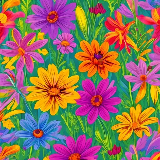 Prompt: Wild flowers in the style of Lisa frank