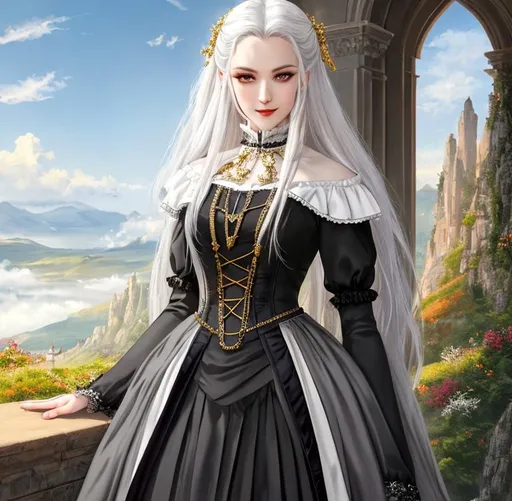Prompt: Oil painting, landscape, UHD, 8K, highly detailed, panned out view of the character, visible full body, ethereal, unnatural grey-skinned vampire girl, beautiful detailed face, discrete smile, white hair with precious gems, . She is a pure blood Direct descendant from Count Dracula. She wears a Victorian man suits, and long pants with gold trim. (She's walking through the night under the full moon on the Victorian streets of London ). 