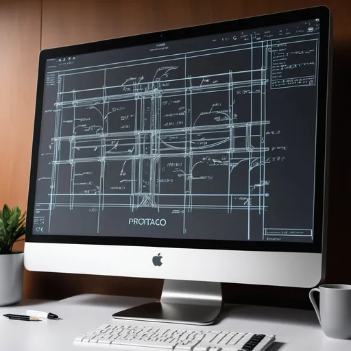 Prompt: Draw a high-tech elegant screen showing the drawings of a traffic engineering project in AutoCAD. At the top of the screen is the word "Protraco".