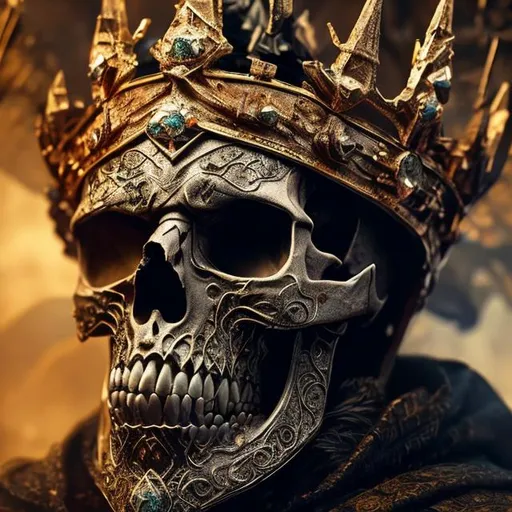 Prompt: Ancient skull of the wizard king wearing a jewelled and rusted crown side view hyper-detailed extremely detailed dark cinematic UHD