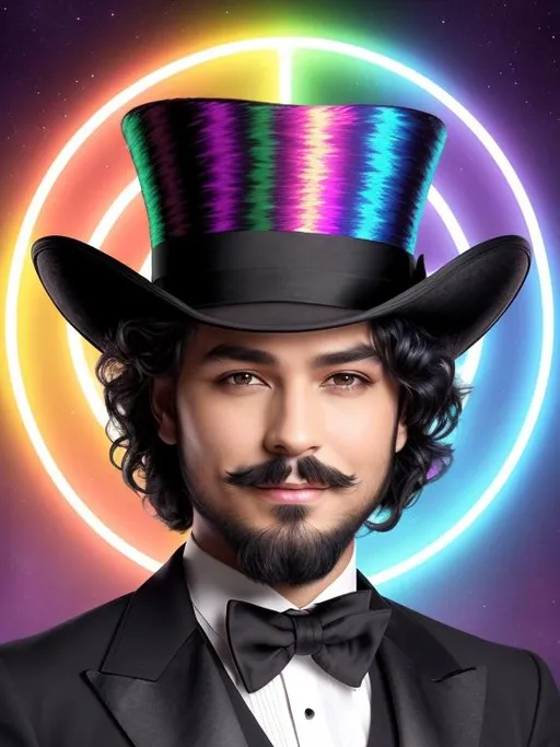 Prompt: Create an 8K resolution digital art portrait of the God of the Dark Rainbow, Aurora, with a young, pop, and elegant appearance. The portrait should be a head and shoulders view, showcasing him as a trickster and entertainer, wearing a black tux and top hat. The style should be fantasy magic with a stylish perfectly groomed beard, hyper-detailed painting, and dynamic lighting that creates a clear and deep color effect. Use a triadic color scheme and add Unreal Engine 5 volumetric lighting to enhance the overall effect. The portrait should be created by Greg Rutkowski, Artgerm, WLOP, Alphonse Mucha, or one of the other artists known for creating intricate and highly detailed artwork. The environment should also be detailed and intricate, featuring global illumination, and rendered in Unreal Engine 5. The overall effect should be sharp and focused, with a studio photo feel, and trending on ArtStation.