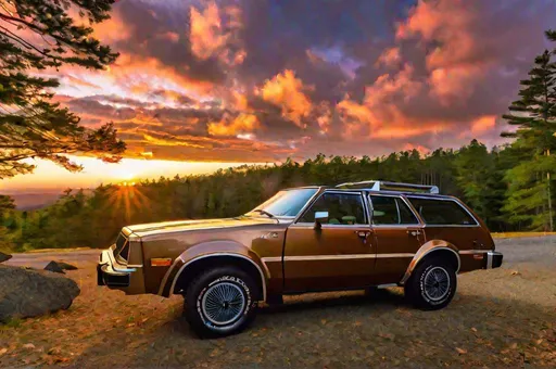 Prompt: long shot scenic professional photograph of a bronze 1983 AMC Eagle wagon. Pocono Mountains. Perfect point of view, highly detailed, wide-angle lens, hyper realistic, with dramatic sky, polarizing filter, natural lighting, vivid colors, everything in sharp focus, HDR, UHD, 64K.