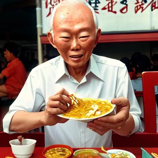 Prompt: Lee Kuan Yew eating laksa with cockles in hawker center